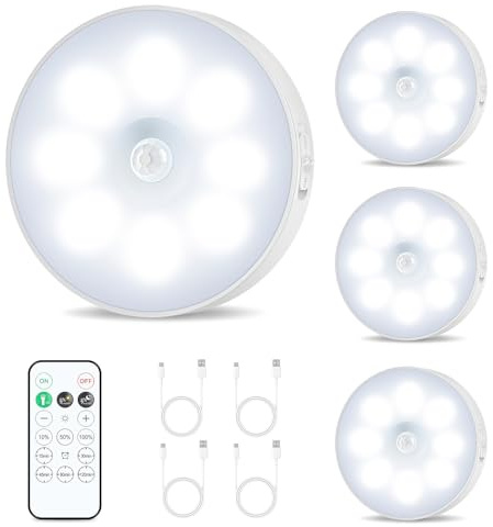 LED displayskåpbelysning Trådlös, USBuppladdningsbart LED spot batteri med fjärrkontroll, underskåpsljus med rörelsedetektor, dimbar puckljus med timer för skåp, hyllor (white)