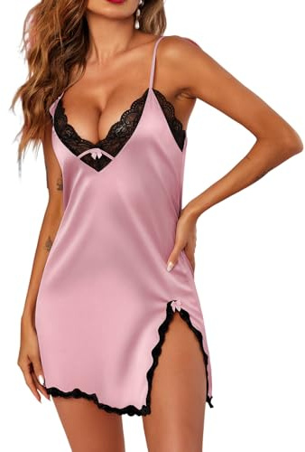 Ekouaer Negligee dam, sexig, ärmlös, nattlinne, satin, kort, nattkläder, spets, cami, nattklänning, underkläder med justerbara remmar, S–XXL, ROSA, M