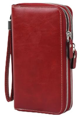 Wisebom Portafoglio Grande in Pelle Vintage Lungo PU con 14 Slot Blocco RFID, Portamonete con 2 Cerniera e Cinturino da Polso Staccabile Unisex (Rosso Retrò)