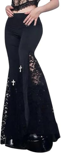 XKBHYD Women Gothic Pants Punk Grunge Wide Leg Pants Vintage High Waist Lace Patchwork Trousers Y2K Emo Alt Harajuku Pants