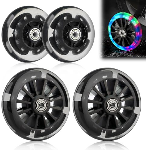 2 pares de ruedas luminosas para scooter, 80/120 mm, ruedas de scooter con rodamientos ABEC 7, luz intermitente LED (negro)