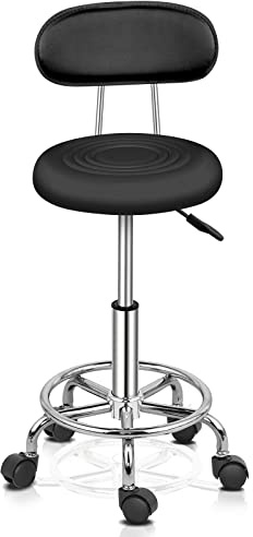 Bonnlo Tabouret à roulettes,réglable en Hauteur avec Dossier | Tabouret de Bureau, Travail, pivotant pour Salon et Bar, Similicuir, Noir