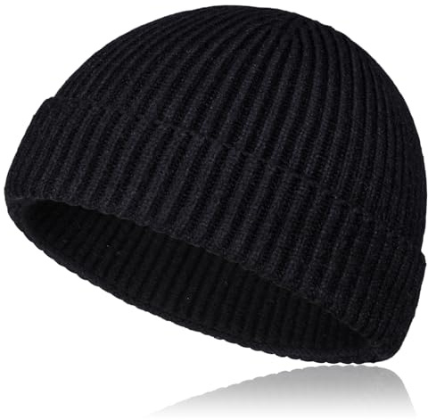 Samserot Wool Short Fisherman Beanie for Men Women, Knit Cuff Trawler Beanie Caps Winter Warm Hats Black