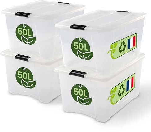Iris Ohyama Aufbewahrungsboxen mit Deckel, 45L, 4er-Set, Transparent, Sicherer Verschluss, Stapelbar, Griffe, Schlafzimmer, Schrank, Büro, Organisation, BPA-freies Plastik, Ordnungsboxen, BSB-50