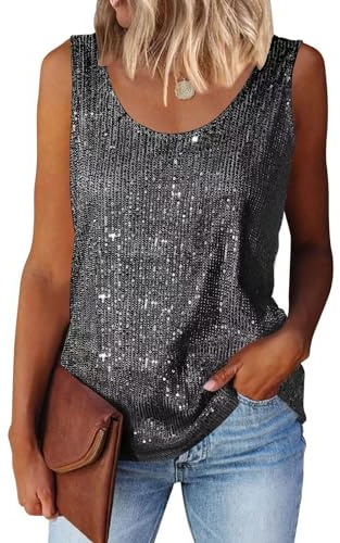 Suncife Top da Donna Senza Maniche con Paillettes Top Scintillanti, Nero Argentato, XXL