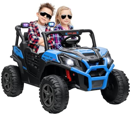 AIYAPLAY Macchina Elettrica per Bambini 3-8 Anni 24V Fuoristrada 2 Posti, 3-8km/h Auto Elettrica per Bambini con 2 Motori, Sospensioni, Telecomando, Musica, Fari, Cintura e Clacson, Blu