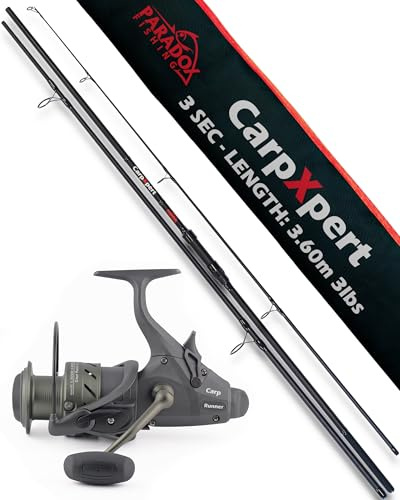 Paradox Fishing CarpXpert Karpfenrute 3,60m (12ft) 3 lbs, 3-teilig aus Kohlefaser inkl. Carp Runner 5000 Freilaufrolle | 7+1 Kugellager | 0,35mm 250m