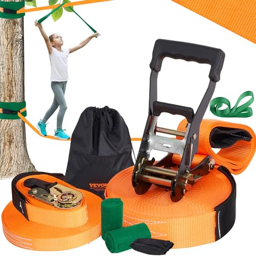 VEVOR Kit de slackline avec ligne d'entraînement, équipement de ligne de slack de 18,3 m, corde serrée facile à installer pour enfants et adultes, ensemble complet avec protections d'arbre, entraîneur