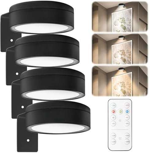 GBKDQQ 4er-Pack Bildlicht, Bildlicht Batterie mit Fernbedienung, Bildlampe, Malerei Licht wiederaufladbar mit 3 Farbtemperaturen, dimmbare LED Kunstanzeige Akzentlicht, Vitrin Beleuchtung LED