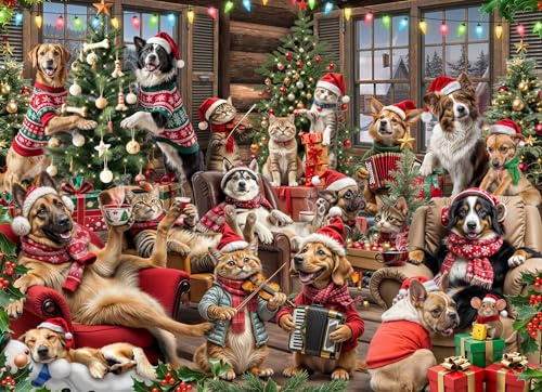 Vermont Christmas Company Puzzle de 1000 pièces Tails of Christmas – Puzzles sur le thème du chien et du chat avec pièces de forme aléatoire et emboîtables – 68 x 49 cm