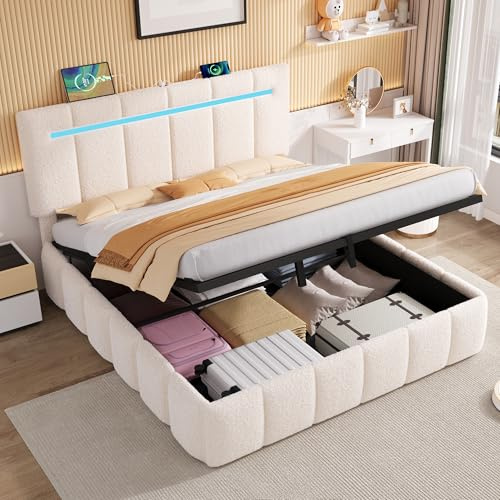 Miyemo Double Bed Frame with Storage, 4ft6 Ottoman Upholstered Bed Frame with Charging-Station & LED-Lighting Strip, Adjustable Headboard, Boucle Fabric, 135x190cm, Beige, (No Mattress)
