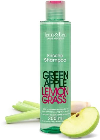 Jean & Len Frische Shampoo Green Apple & Lemongrass, für fettige Haare, stellt das natürliche Gleichgewicht der Kopfhaut wieder her, mit Apfelduft, ohne Silikone & Parabene, veganes Shampoo, 300 ml