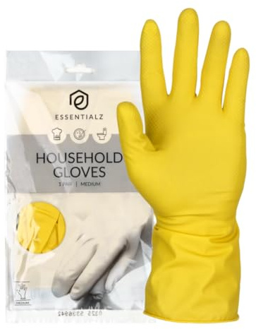 ABENA Essentialz Yellow Latex Household Gloves, Medium, 1 Pair | Reusable, Powder-Free, Flocklined Dishwashing Gloves with Rolled Cuff, Durable Kitchen, Laundry & Everyday Cleaning Gloves