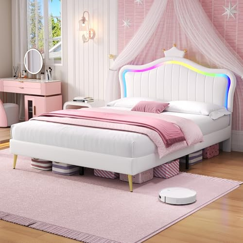 Merax 4ft6 Kids Double Bed for Girls, Princess Bed with LED Crown Shape Headboard, Upholstered Bed Frame with Smart App Control RGB Lights, Height Adjustable, PU Leather, Cream White (No Mattress)