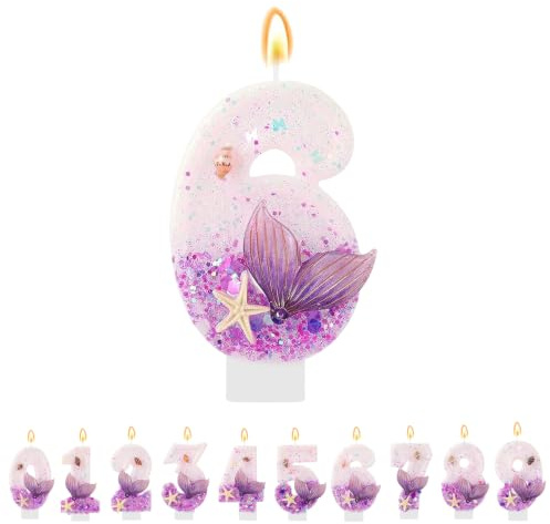 TESGADGETS Velas Lila con número 6, Vela de cumpleaños de Sirena, Adorno para Tarta de 6 cumpleaños, Decoraciones para Cupcakes, Decoraciones de Fiesta, Accesorios para Celebraciones de Aniversario