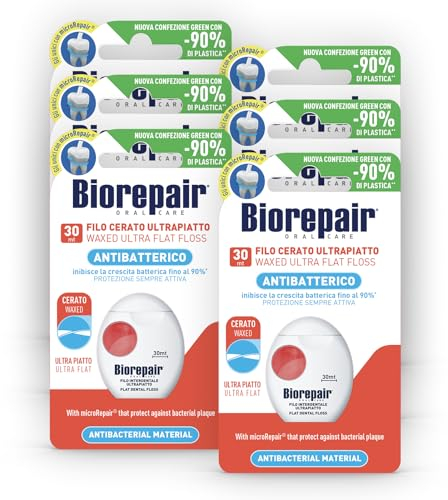 Biorepair , Ultraflache, gewachste, antibakterielle Zahnseide, mit MicroRepair® für enge Stellen, zur Mundpflege, ideal für empfindliche Zähne, frischer Minzgeschmack, Packung mit 6 x 30 Metern