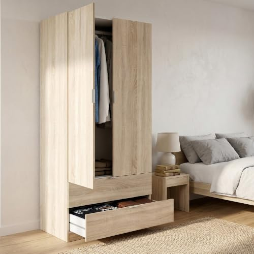 Dmora - Garde-robe 2 portes Burbank, armoire de chambre à 2 tiroirs, Armoire avec tringle à vêtements, 81x52h180 cm, Chêne