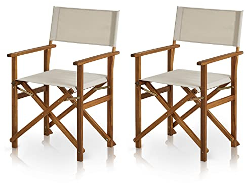 KHG Balkonstuhl 2er Set aus echtem Akazienholz geölt Regiestuhl mit Armlehnen 100% Polyesterbezug in Creme, wetterfest, platzsparend klappbar, 120kg belastbar