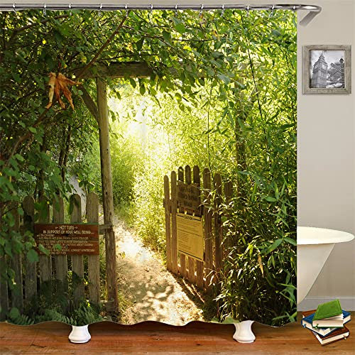 JIANGLANY Green Bamboo Forest Shower Curtain with Hooks Spring Scenery of Open Wooden Fence Walkway to Garden Bath Decor Cloth Bathroom Accessories 180x180cm (9)