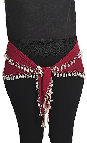 Magdans Egyptisk triangulär höftduk med pärlor idealisk för östlig dansövning och koreografi 145 cm, Granat silver pärlor, one size
