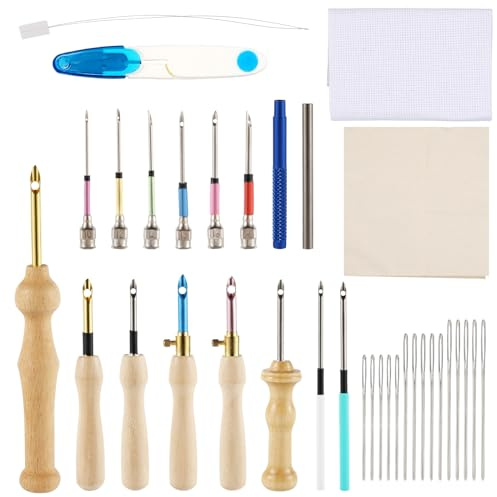 35 Pezzi Kit Ago Magico per Ricamo Punch Needle, Regolabili Set di Aghi per Punch in Legno Panno per Ago da Punch Ricamo per Bambini Adulti, Principianti Punto Croce Fai Da Te Artigianato