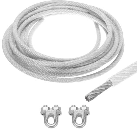QUARKZMAN Cable de Acero Galvanizado Recubierto de Vinilo Transparente de 10 Mm (3/8 Pulgadas), Cable de Acero Galvanizado de 6M / 20 Pies con 2 Bucles M10 para Colgar Luces