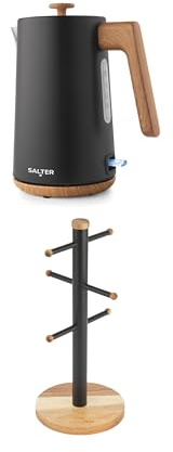 Salter Toronto Kettle & Mug Tree Set – 1.7L 3KW Fast Boil Kettle with Limescale Filter, Auto Shut-Off & Water Level Indicator, Acacia Wood 6 Branch Freestanding Cup Holder, Matt Black/Wooden Accents