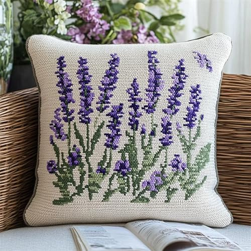 XDEGHUANGSS Kit de cojín de pestillo de bricolaje festivo - Cojín de aguja de hilo de ganchillo preimpreso, artesanía de tela para todas las estaciones, 43 x 43 cm, flores de lavanda