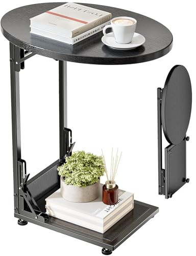 Mutool C Shaped Side Table, Foldable Round Sofa Table with Metal Frame, Small Coffee Table for Living Room Bedroom Office, Black
