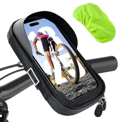 Joellfuner Sacoches de Guidon, Rangement Rotation 360 Porte Téléphone Vélo, Support Téléphone Vélo avec Housse de Pluie, Sacoche de Guidon avec Écran Tactile pour Smartphone 4.7-6.8 Pouces