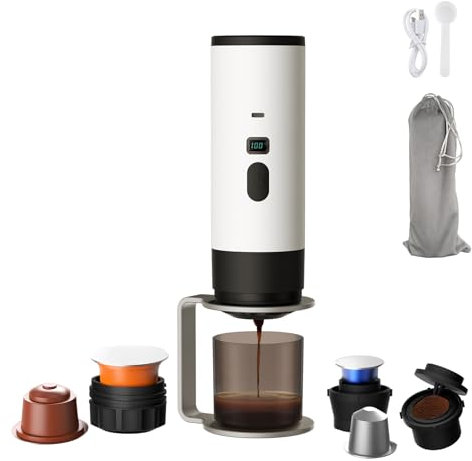 Generico Macchina per Caffè 3-in-1 Espresso Elettrica Portatile, Macchina Caffe con Display LED e Type-C, Caffettiera da Riscaldamento Automatico per Viaggi, Ufficio e Auto