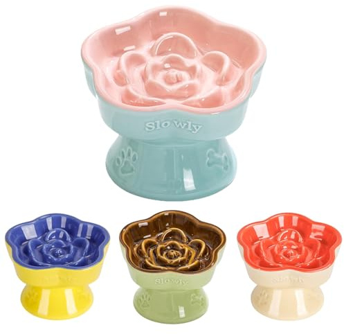 Lunayuomi® Raised Slow Feeder Cat Bowl, Ceramic Elevated and Titled Glass Food Bowl Small Dogs Slow Feeder, Flower Shaped Cute Cat Dish for Dry and Wet Food (Pink)
