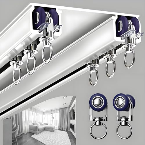 Silent Double Curtain Track Ceiling Mounted Aluminum Room Divider Rails Slider Track System for Hospital Bedroom Kitchen White 2.1m(6.9ft)