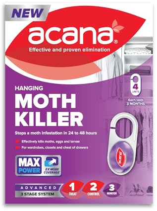 Acana Hanging Moth Killer 4 Pack for Wardrobes - Max Performance - Kills in 24 to 48 Hours - Protects Clothing & Bedding
