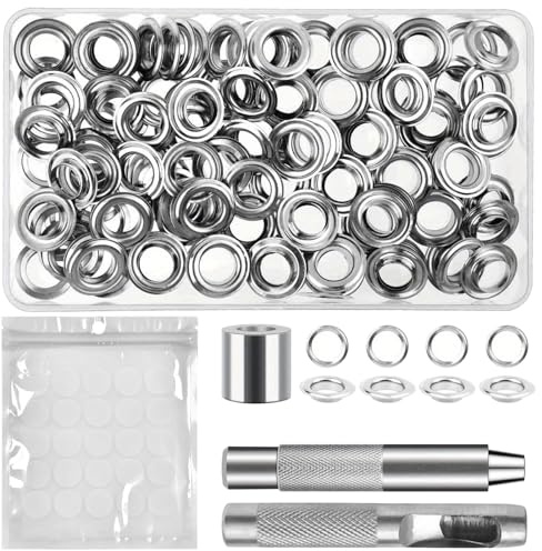 Vbxvsa Juego de ojales de 150 piezas con ojales metálicos de 8 mm y parches para planchar, accesorios completos para alicates de ojales, refuerzo y reparación de lonas, tiendas de campaña, lonas