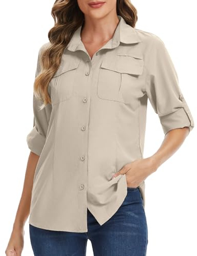 Women's UPF 50 Safari Hiking Shirt, Long Sleeve Sun Protection UV Clothing,Quick Dry Outdoor Casual Tops Womens Lightweight Walking Fishing Travel Shirts(W1001,Light Khaki,S)