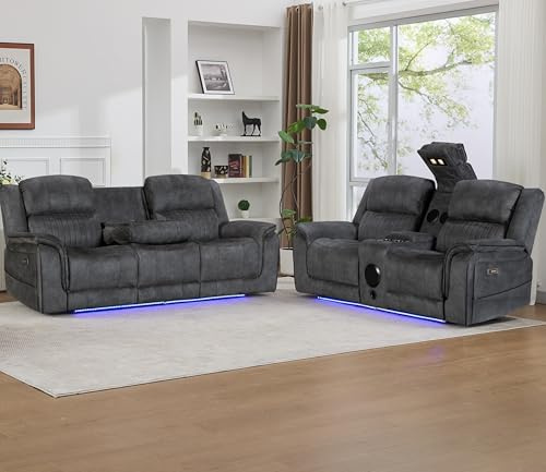 Geneva Pro Fabric Electric Recliner Sofa 3+2 Seater Set - 3+2 Seater Sofa With Bluetooth/Cooling Cup-Holders/LED Lights/Wireless Charging/USB Charging Ports (Grey, 3+2 Seater)