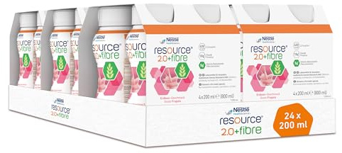 resource® 2.0+fibre Erdbeeere | 24x200ml | Hochkalorische Trinknahrung bei ungewolltem Gewichtsverlust | Astronautennahrung | Aufbaunahrung | 400 Kalorien + 18g Eiweiß/Flasche | mit Ballaststoffen
