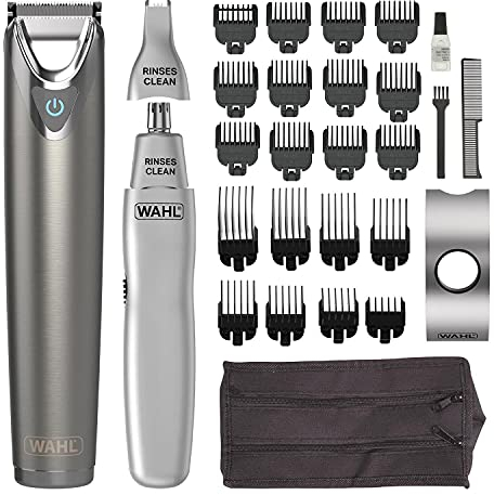 WAHL Stainless Steel Trimmer with Dual Head Ear and Nose Trimmer, 240 Minutes Cordless Run Time, Rinseable Features Hygienic Blades, Advanced Lithium Ion Technology