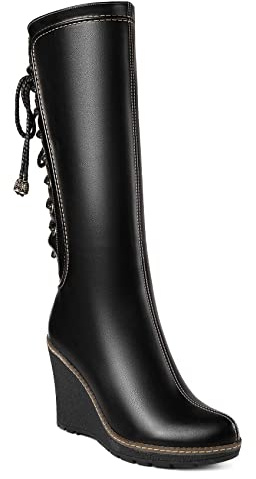 ANN CREEK 'Camux' Stitches Back Lace Mid-Calf Wedge Boots Black, Schwarz, 43 EU