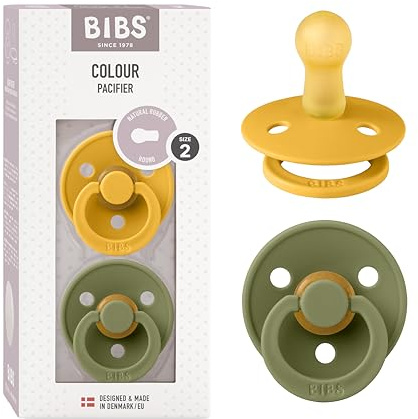 BIBS Colour Soother 2-Pack, BPA Free Dummy Pacifier, Round Nipple. Natural Rubber Latex, Size 2 (6-18 Months), Honey Bee/Olive