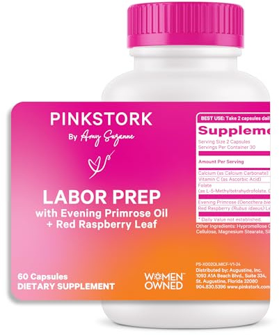 Pink Stork Labor Prep Supplement – Evening Primrose Oil & Red Raspberry Leaf for Third Trimester, Gentle Labor & Postpartum Support, Pregnancy & Breastfeeding Safe, 60 Vegan Capsules
