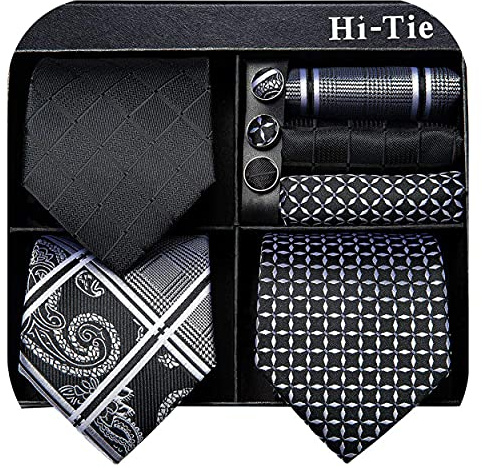 Hi-Tie 3 Pcs Gift Box Mens Tie Set Necktie with Pocket Square Cufflinks Lapel Pin Silk Neck Tie Collection,Black