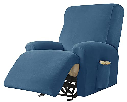 Highdi Copripoltrona Relax Reclinabile Completo 4-Pezzo Fodera per Poltrona Elasticizzato 1 Posto con Tasche, Coprisedile Poltrona Velluto Lavabile Antiscivolo Copripoltrona (Blu Reale)
