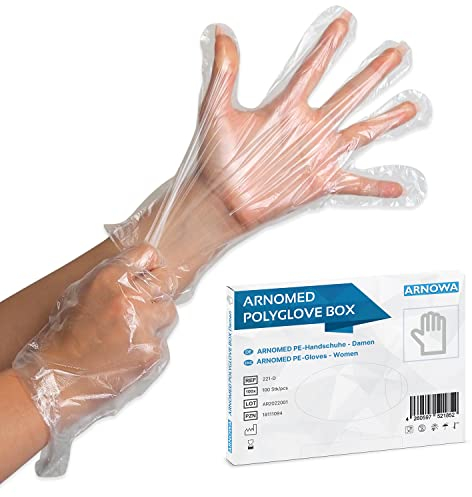 ARNOMED Guanti monouso in PE da donna, 100 pezzi guanti usa e getta per box, guanti plastica domestici per alimenti, guanti trasparenti monouso protettivi per tinte capelli, guanti sottili