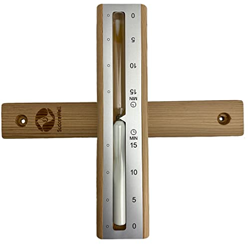 SudoreWell® Sauna Sanduhr Exklusiv Alu Silver 15 Minuten aus Kiefernholz mit Alu Frontdesign und weißem Sand