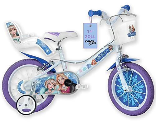 Dino Bikes – Barncykel Frost – Flickcykel med avtagbara stödhjul från 2 år – barncykel med frontkorg och dockhållare – justerbar sadel- och styrhöjd (vit-blå)