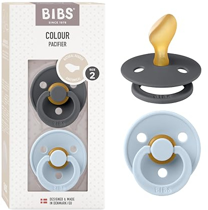 BIBS Colour Anatomical Dummies 2-Pack, BPA Free Dummy Pacifier, Orthodontic Nipple. Natural Rubber Latex, Made in Denmark. 6-18 Months (Pack of 2), Iron/Baby Blue