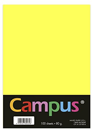 Campus - Papel de Colores A4 100 Unidades, 80g/m², 210 x 297 mm. Papeles A4 de colores con tacto suave, perfectas para encuadernación, oficina, dibujo y manualidades. Color Amarillo Neón