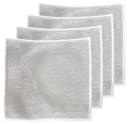 YiJee Paños de cocina multiusos de alambre, 4 unidades, húmedos y secos, de doble capa, resistentes a los arañazos, reutilizables para sartenes, ollas, estufas, cocina y hogar (plata)